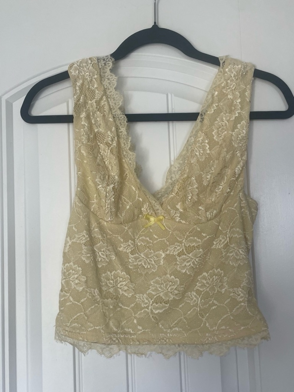 Coquette Yellow Floral Lace Cami Crop Top Size M Cottagecore Bow